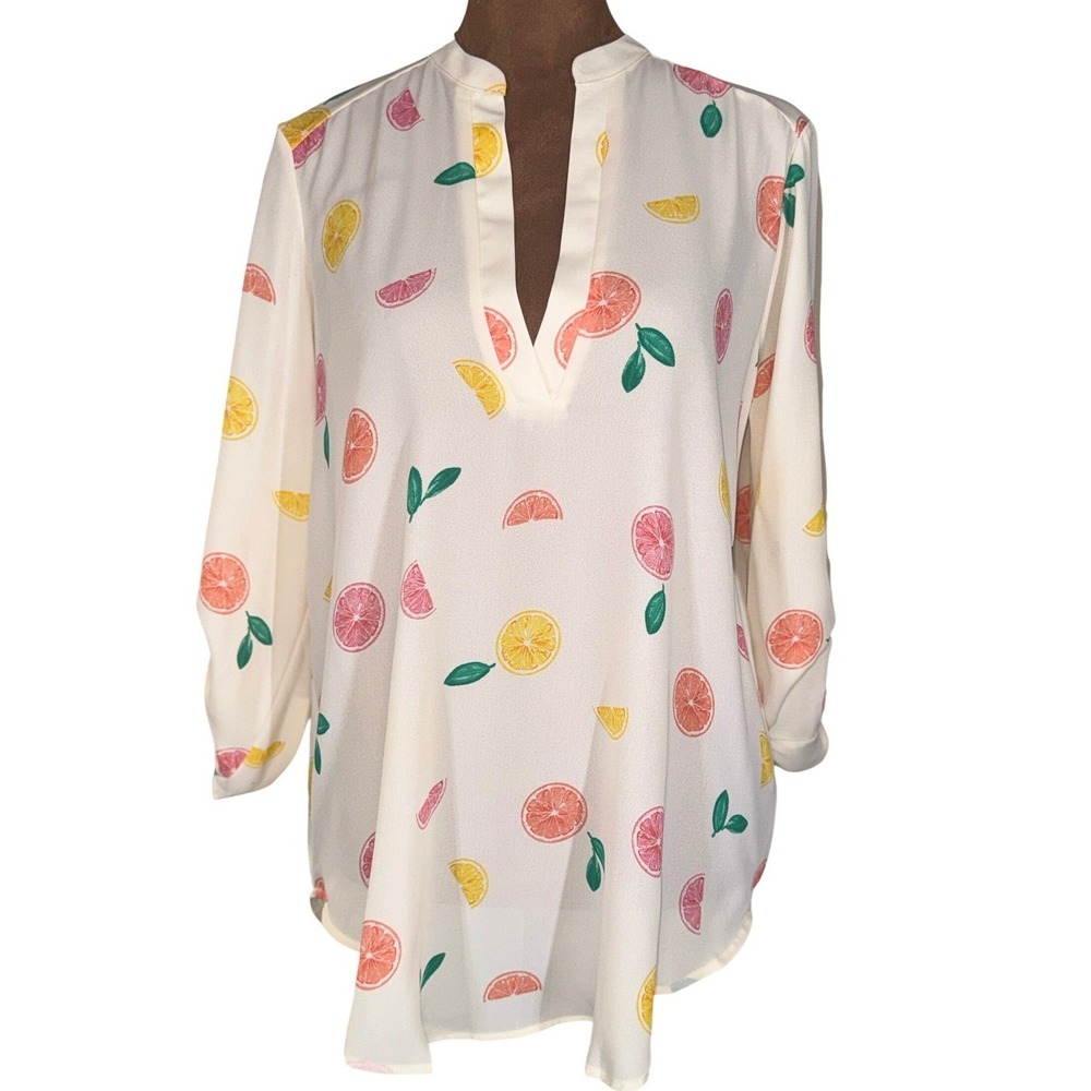 Lush Citrus Fruit Tunic Blouse Women's Small Cream Fruit Motif NWOT Lemon Orange